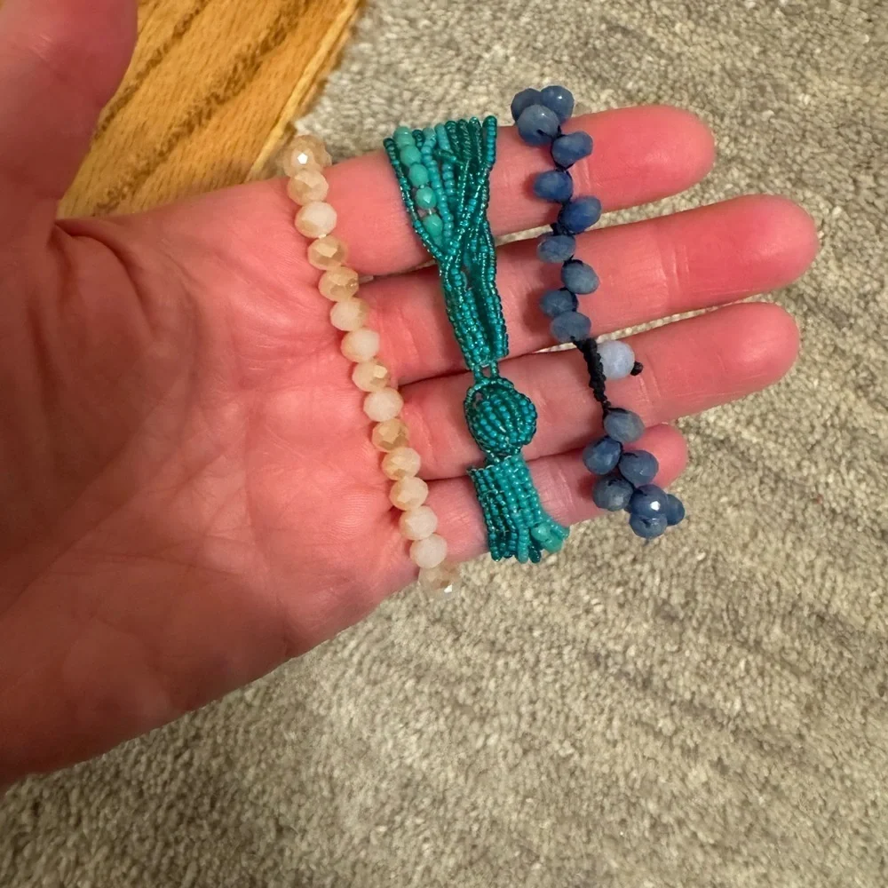 Set of Three Beaded Bracelets in Cream, Teal, and Blue